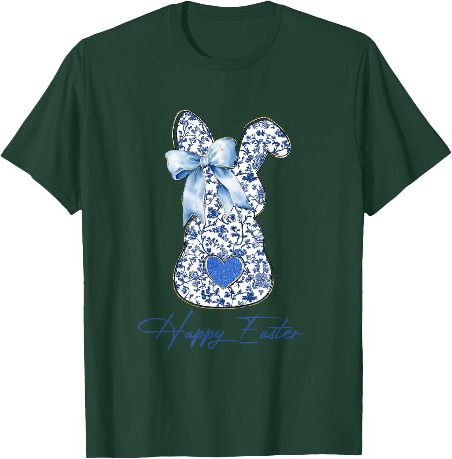 Happy Easter Blue Toile Chinoiserie Bunny Rabbit Women Girls T-Shirt - T-Shirt | Forest