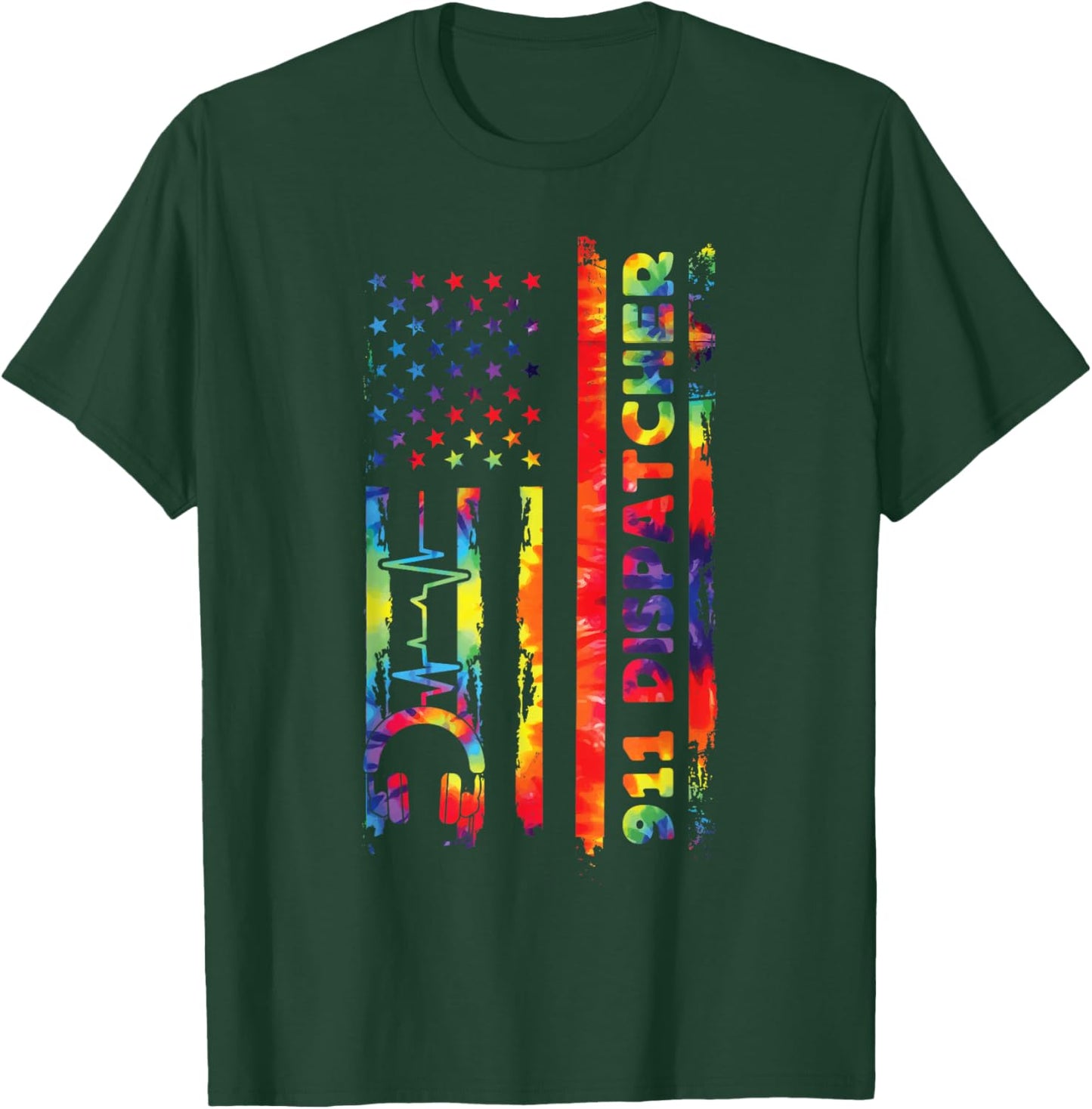 911 Dispatcher Thin Gold Yellow Line American Flag Tie Dye T-Shirt - T-Shirt | Forest
