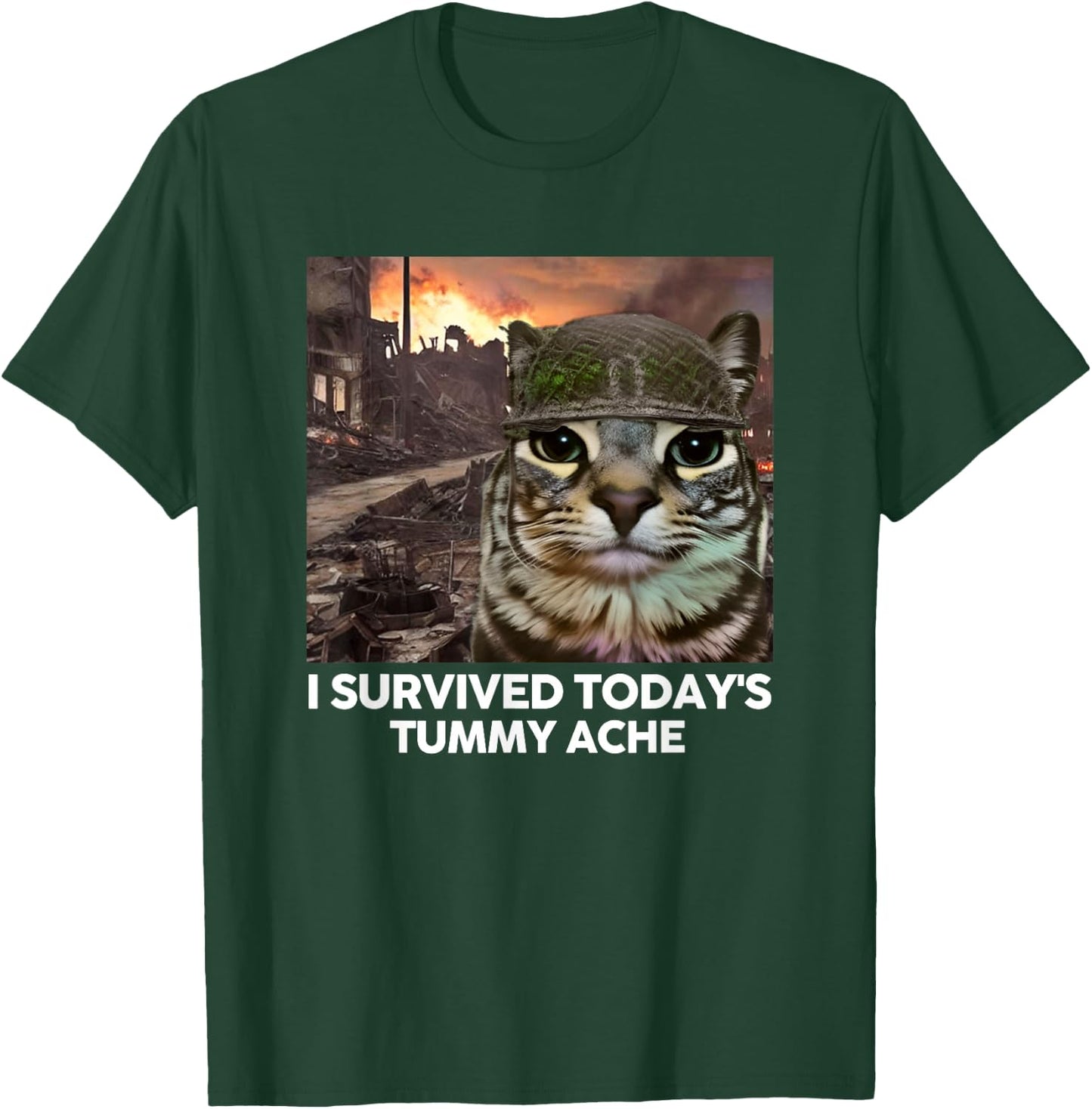I Survived Today's Tummy Ache Funny Cat Meme Men Women Girls Kids T-Shirt - T-Shirt | Forest