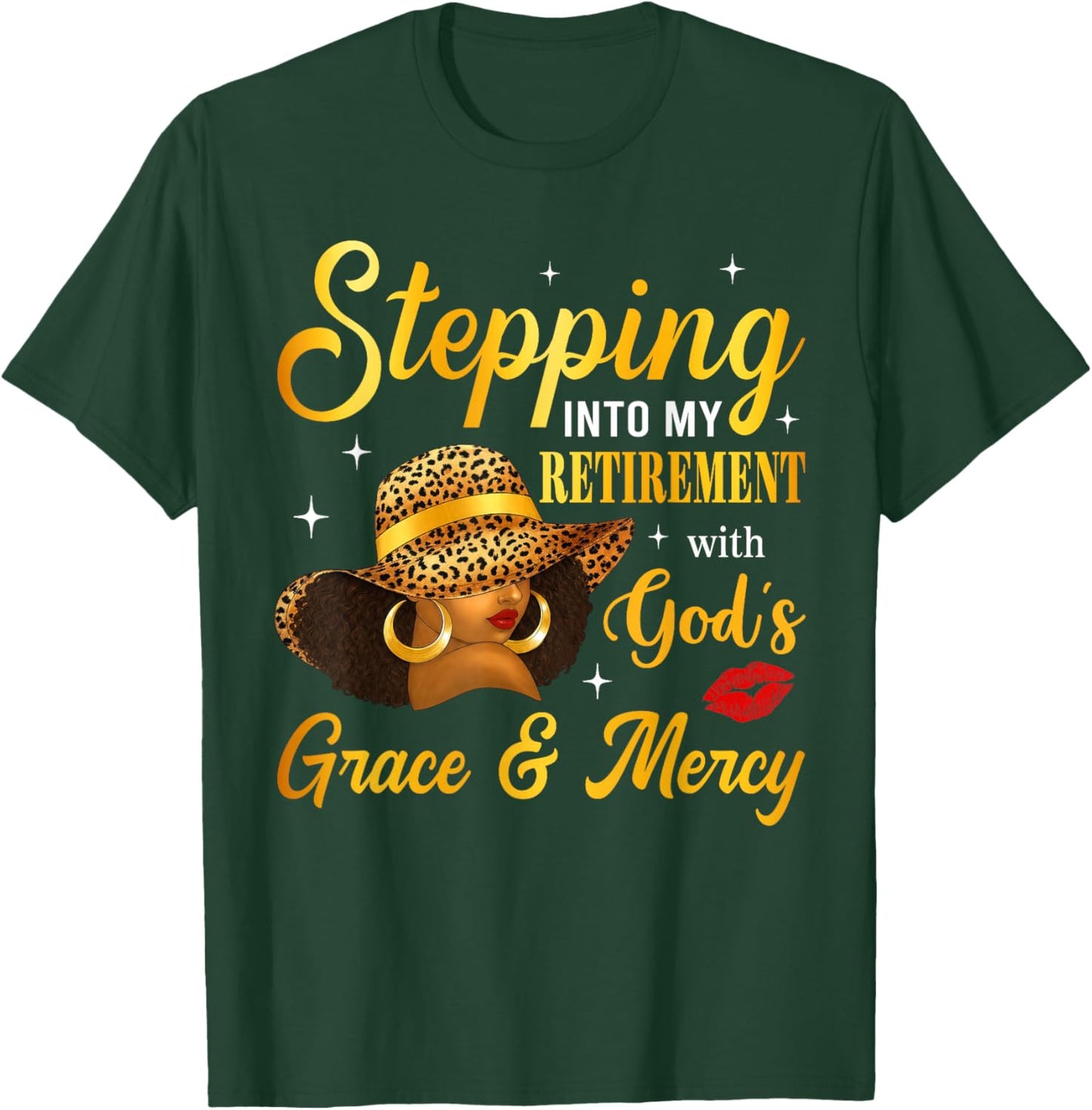 Stepping Into Retirement Afro Woman Leopard Sun Hat Retired T-Shirt - T-Shirt | Forest