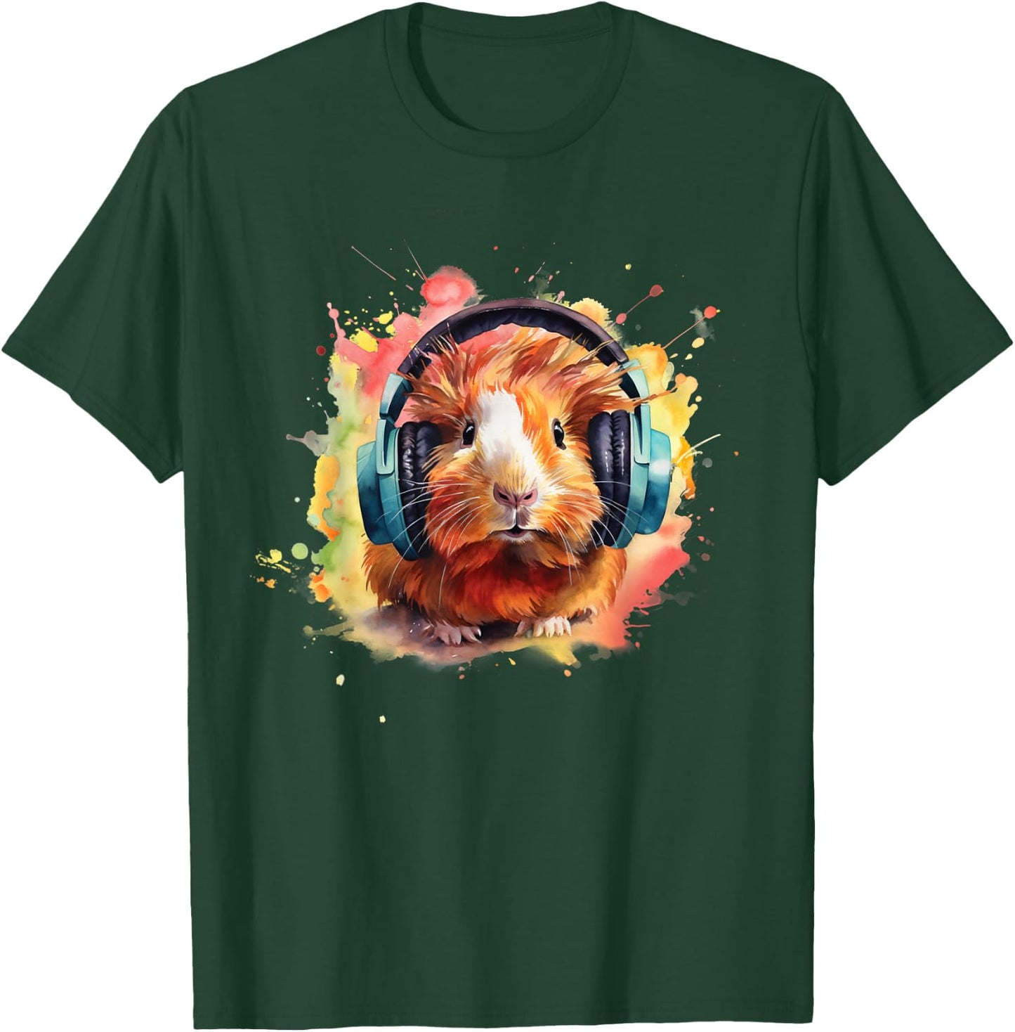 Watercolor Headphones Funny Guinea Pig T-Shirt - T-Shirt | Forest