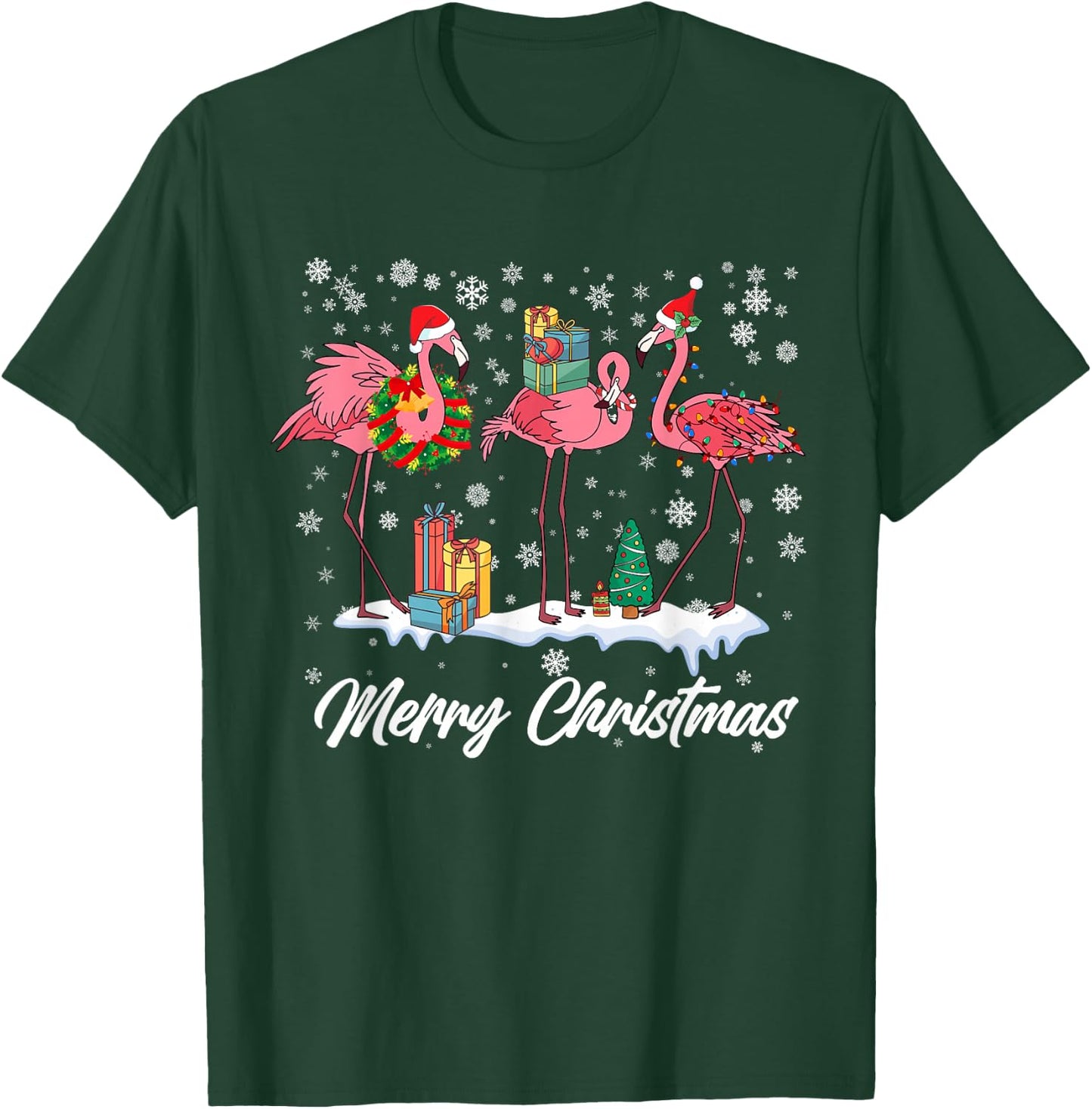 Pink Flamingo Hat Santa Merry Christmas Lights Girls T-Shirt - T-Shirt | Forest