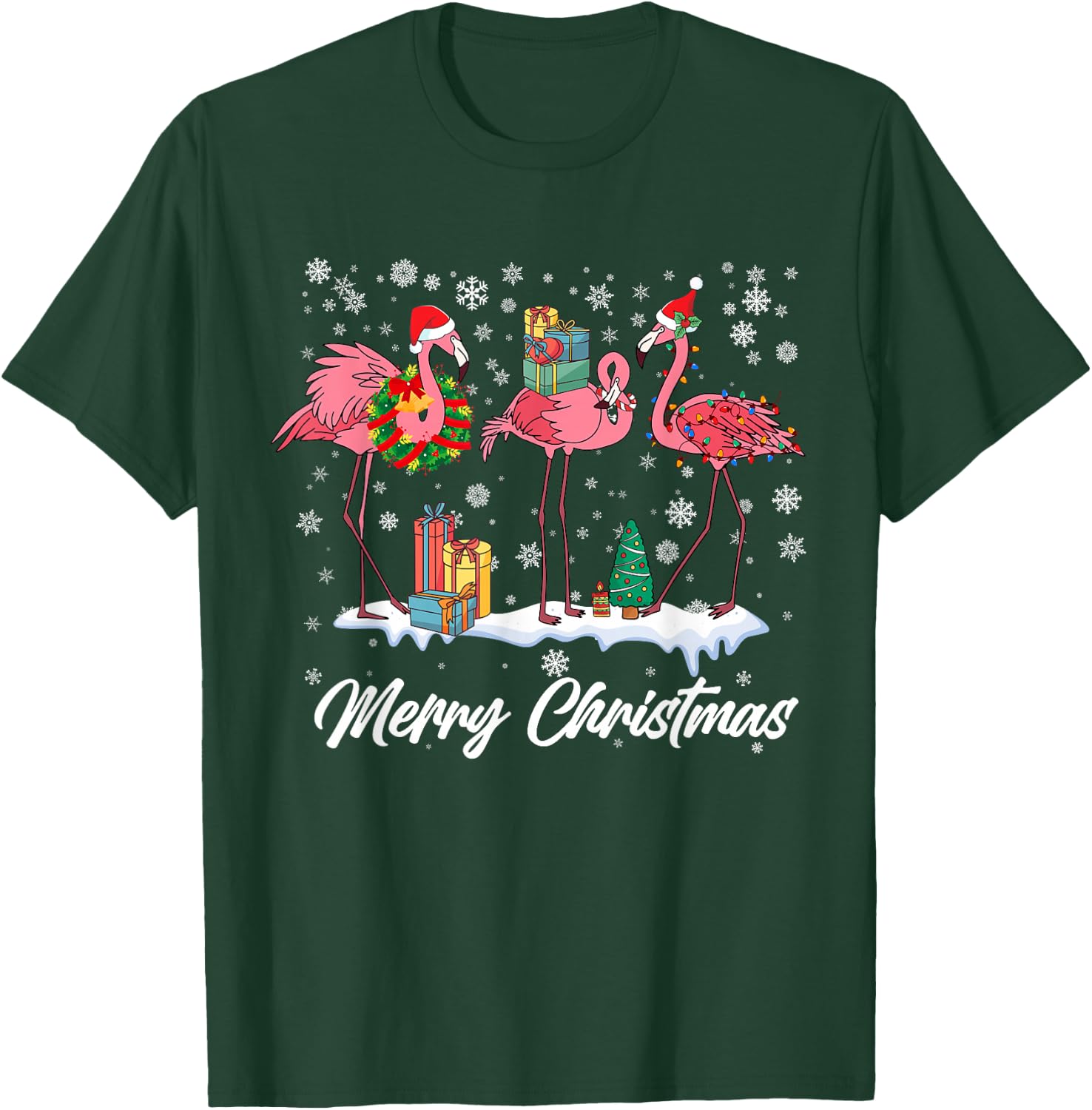 Pink Flamingo Hat Santa Merry Christmas Lights Girls T-Shirt - T-Shirt | Forest