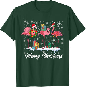 Pink Flamingo Hat Santa Merry Christmas Lights Girls T-Shirt - T-Shirt | Forest