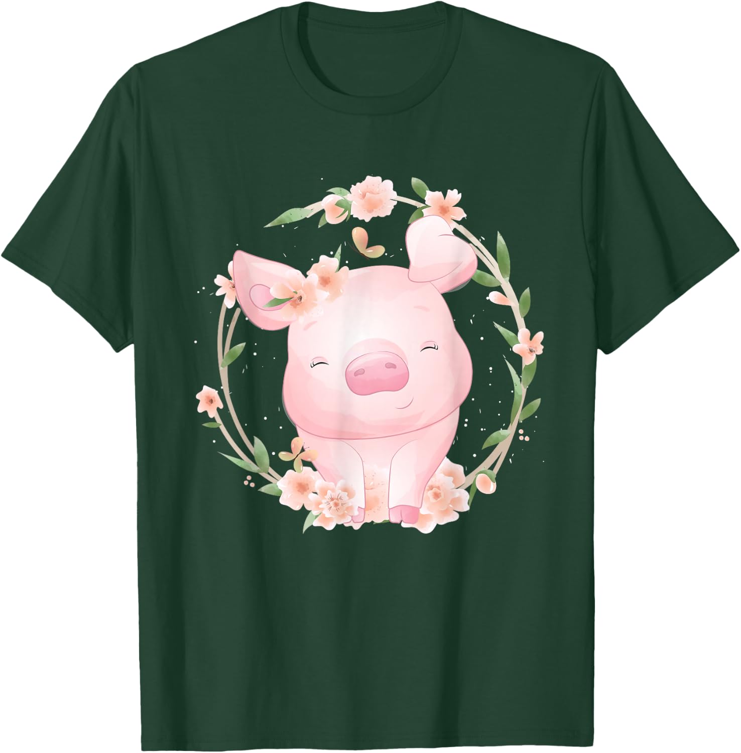Cute Grinning Pig with Flowers Watercolour T-Shirt - T-Shirt | Forest