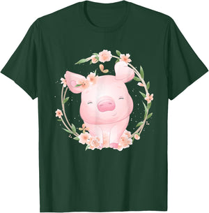 Cute Grinning Pig with Flowers Watercolour T-Shirt - T-Shirt | Forest
