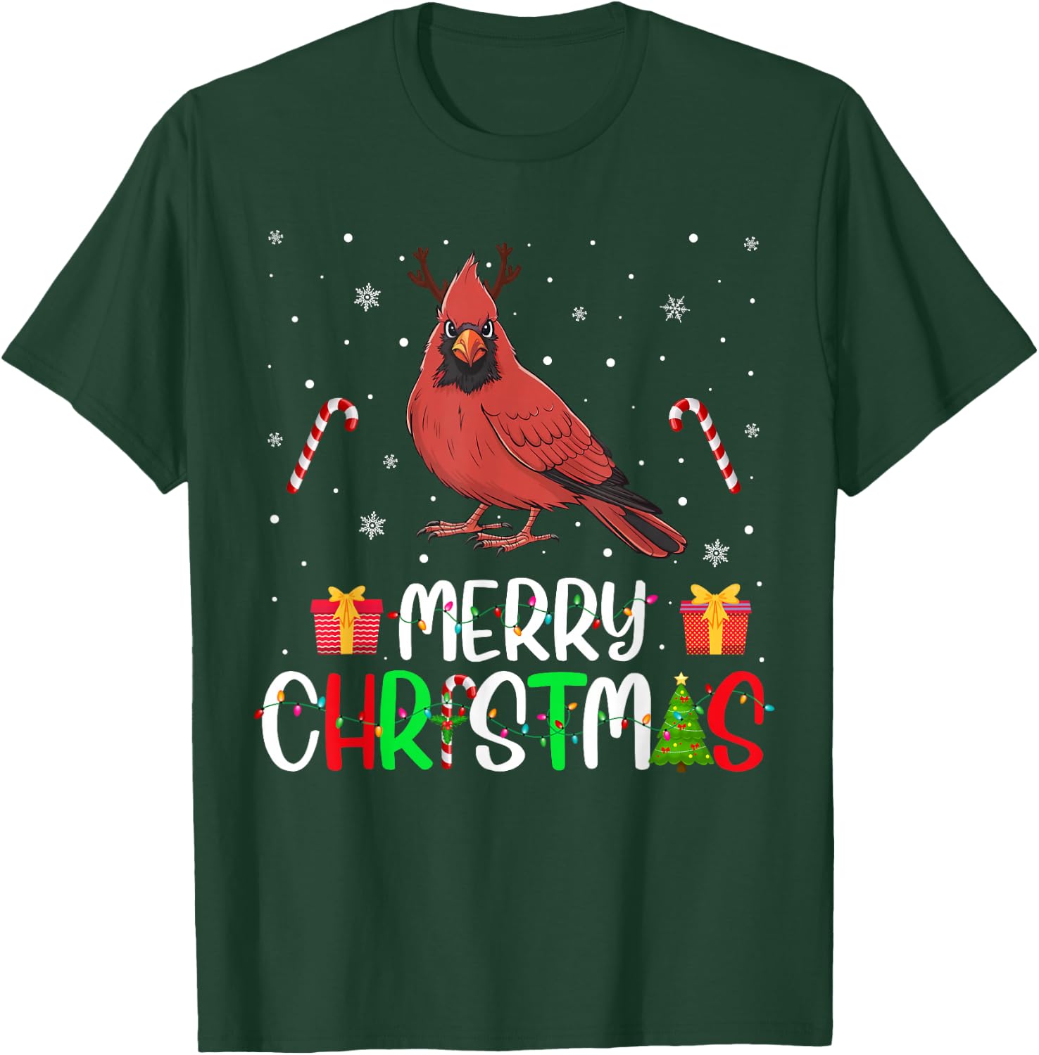 Merry Christmas Lights Cardinal Bird Reindeer Hat Xmas PJs T-Shirt - T-Shirt | Forest