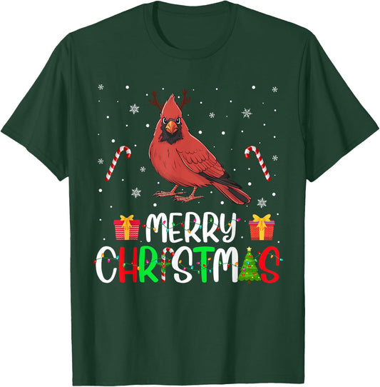 Merry Christmas Lights Cardinal Bird Reindeer Hat Xmas PJs T-Shirt - T-Shirt | Forest