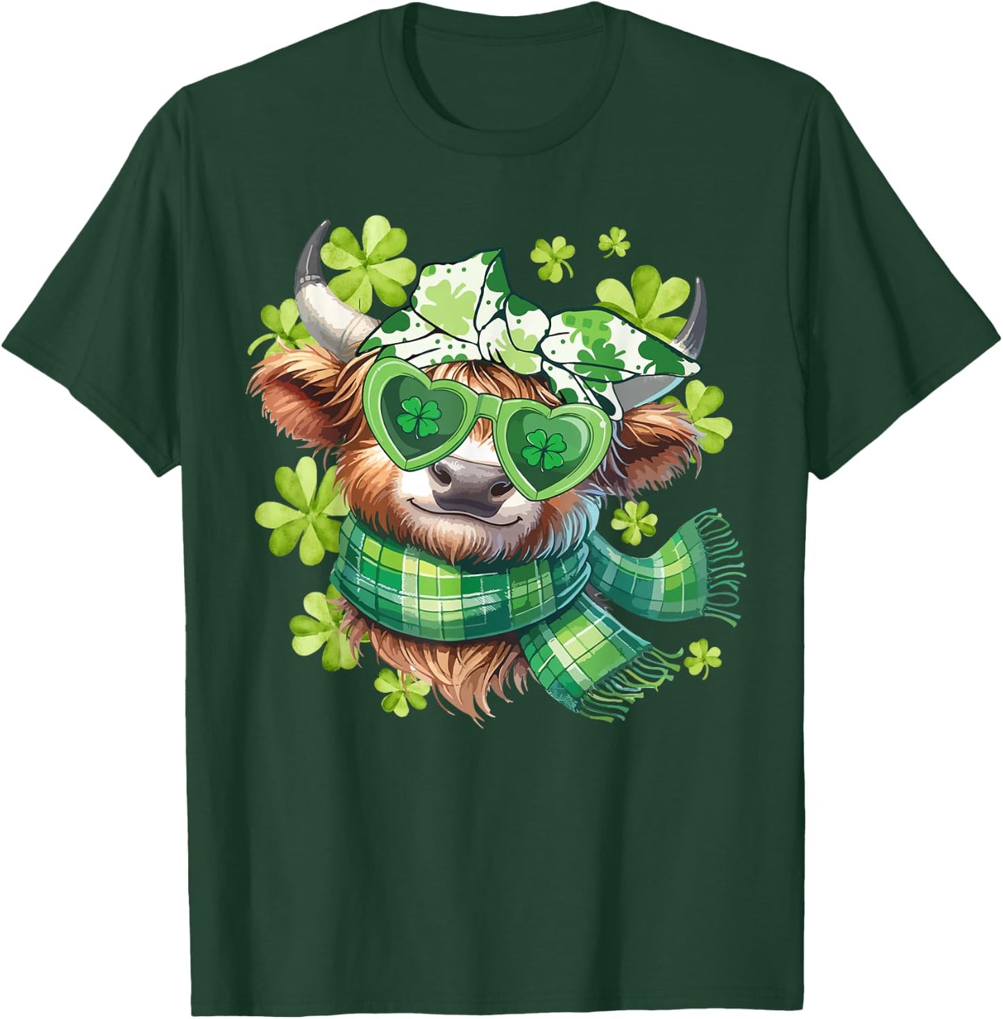 St Patrick's Day Highland Cow Lucky Shamrock Cow Kid Women T-Shirt - T-Shirt | Forest