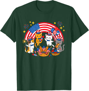 Patriotic Cat 4th of July Firework American Flag Women Girls T-Shirt - T-Shirt | Forest