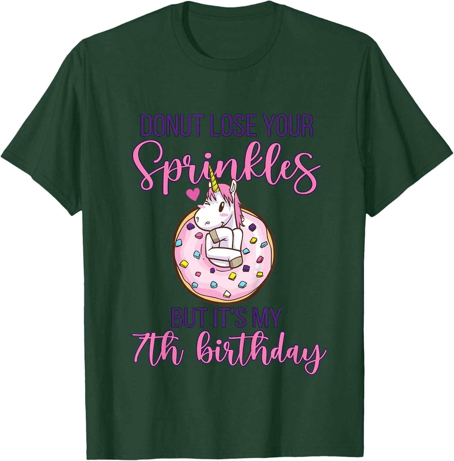 7th Donut Birthday Party Unicorn Seven Year Old Sweet Girl T-Shirt - T-Shirt | Forest