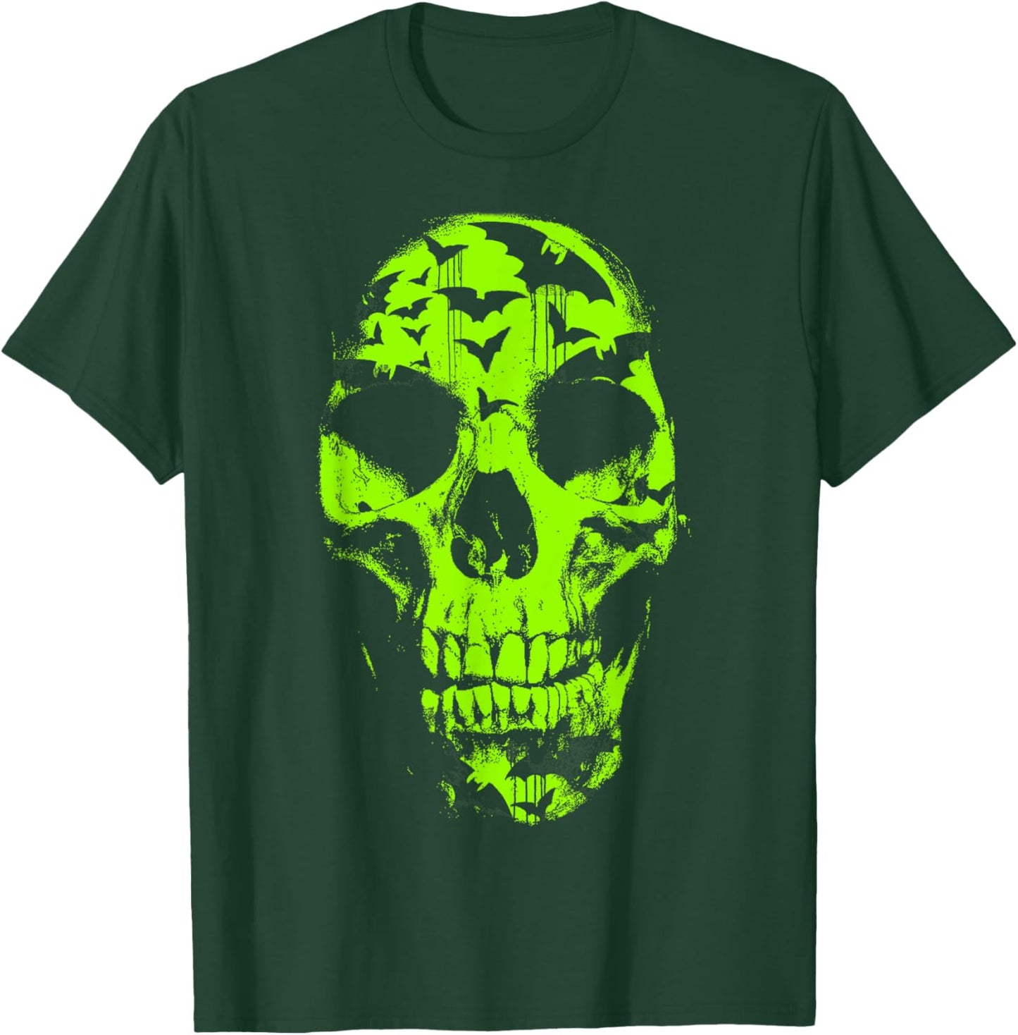 Halloween Neon Green Skull Bat Distressed T-Shirt - T-Shirt | Forest