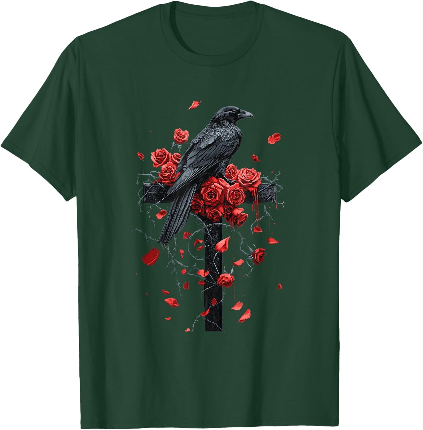 Raven with Roses on Cross Gothic T-Shirt - T-Shirt | Forest