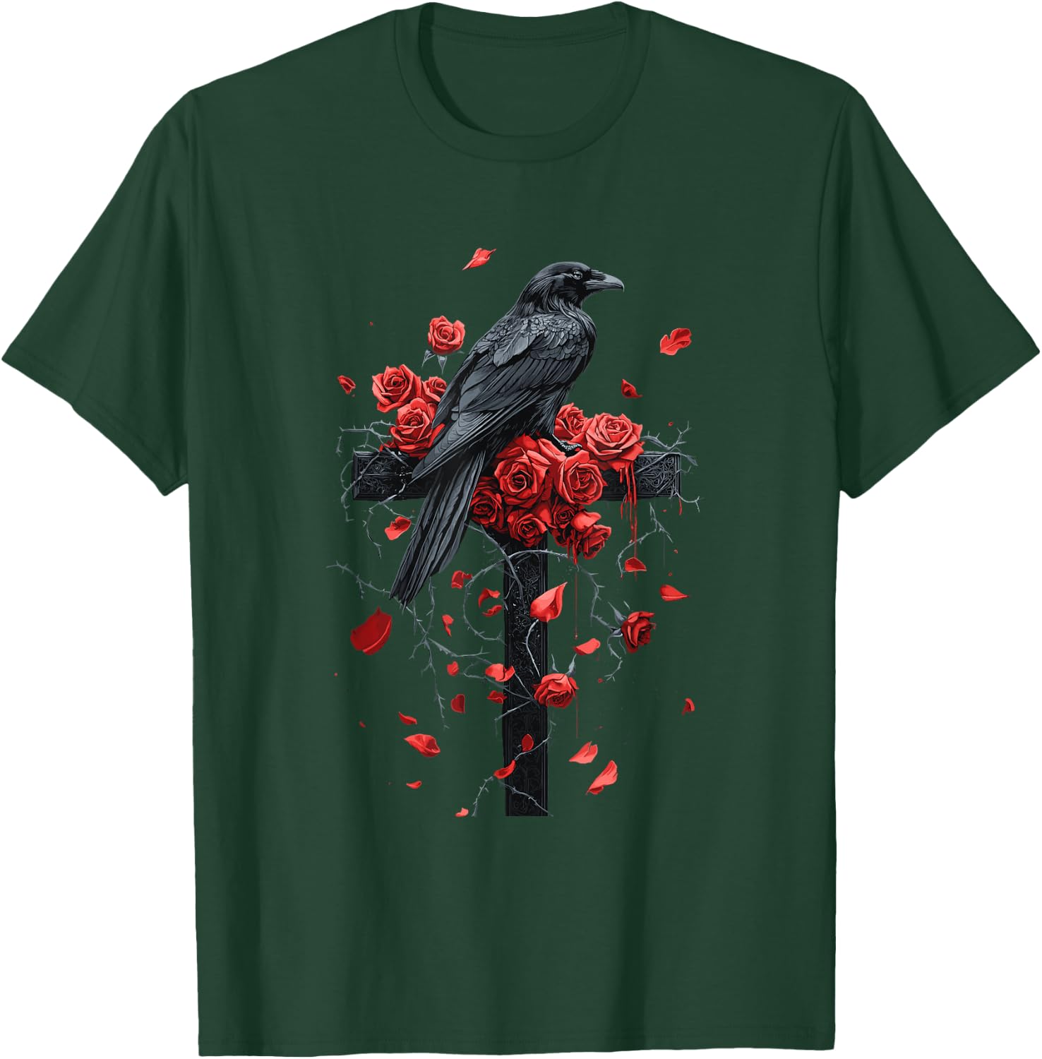 Raven with Roses on Cross Gothic T-Shirt - T-Shirt | Forest