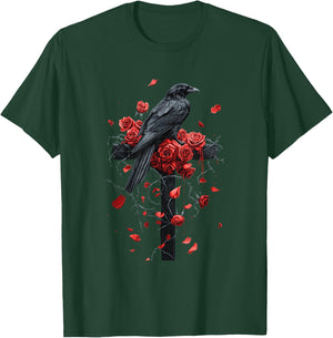 Raven with Roses on Cross Gothic T-Shirt - T-Shirt | Forest