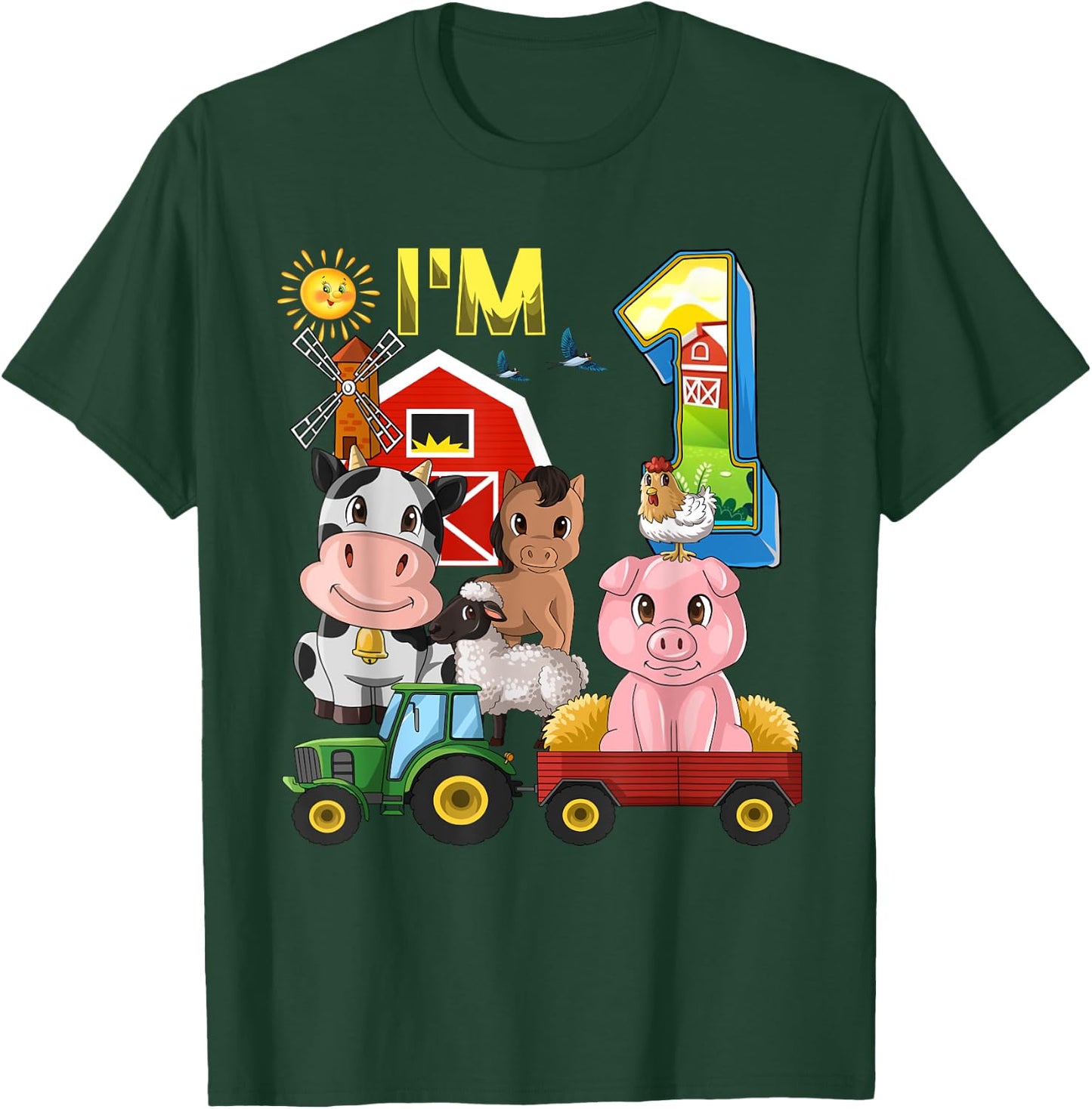 Farm Animals Barnyard Tractor 1st Birthday I'm 1 Year Old T-Shirt - T-Shirt | Forest