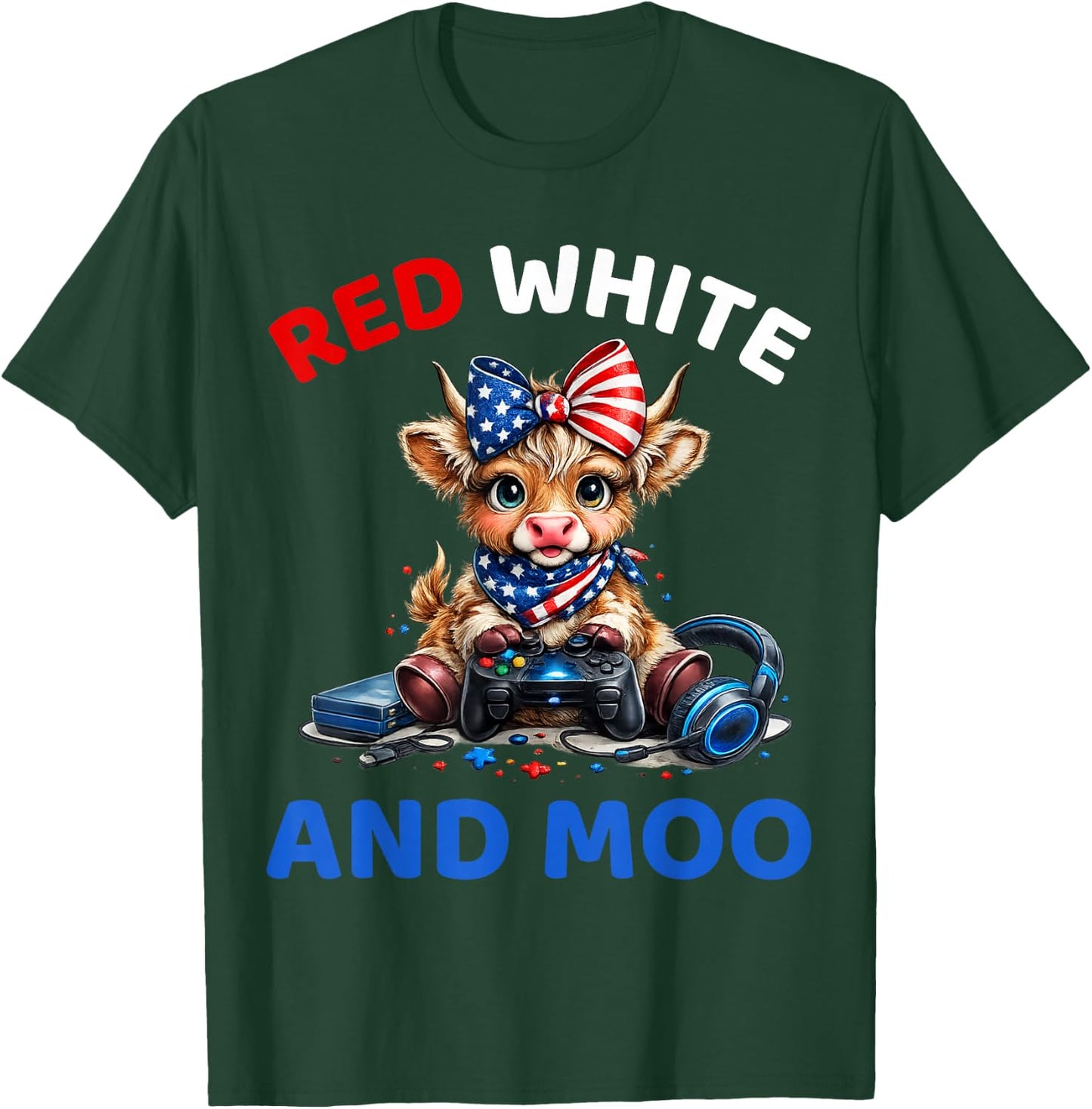 Red White and Moo Funny Highland Cow 4th of July Patriotic T-Shirt - T-Shirt | Forest