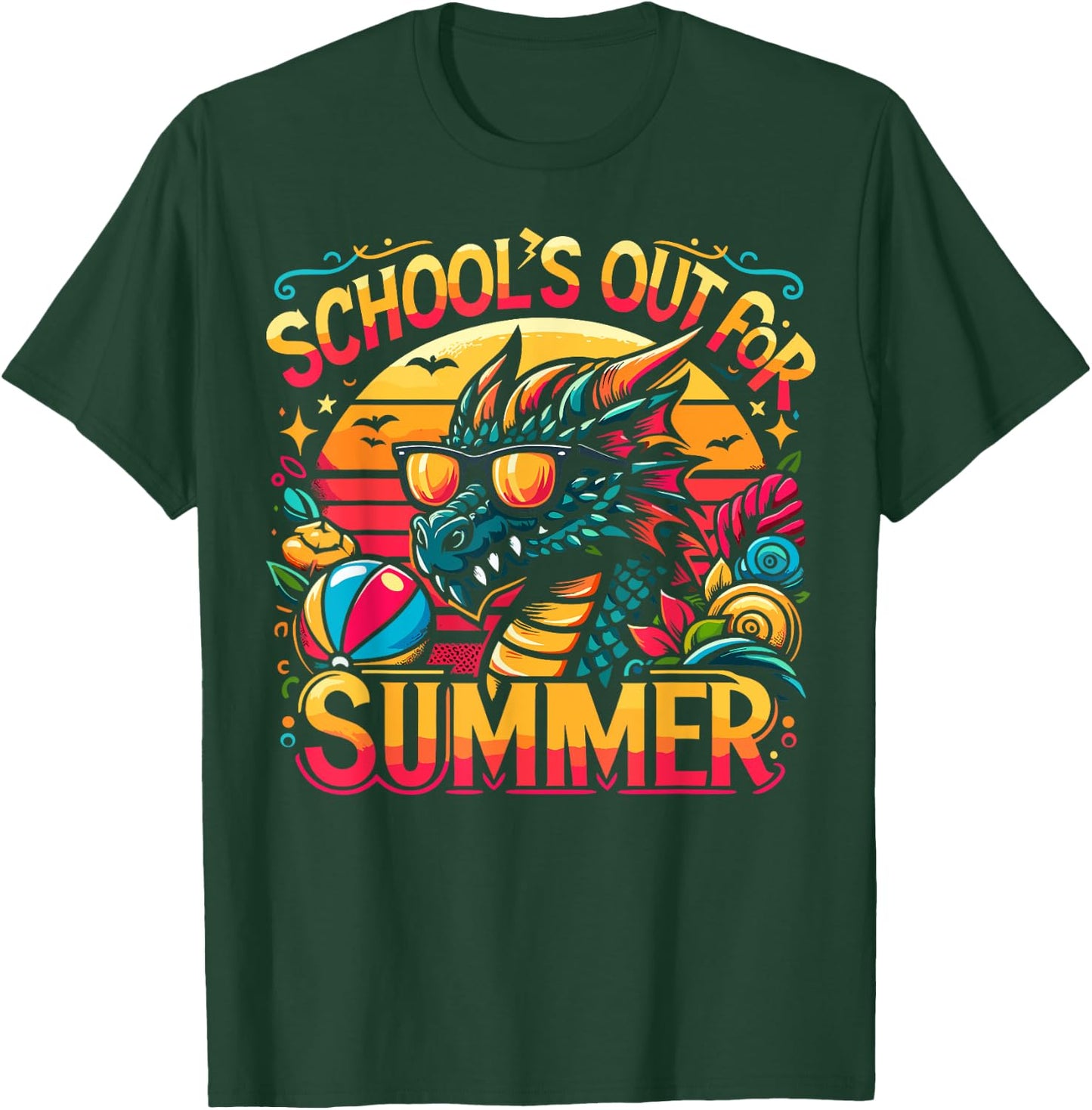 Retro Schools Out for Summer Teacher Girls Boys Kids Dragon T-Shirt - T-Shirt | Forest