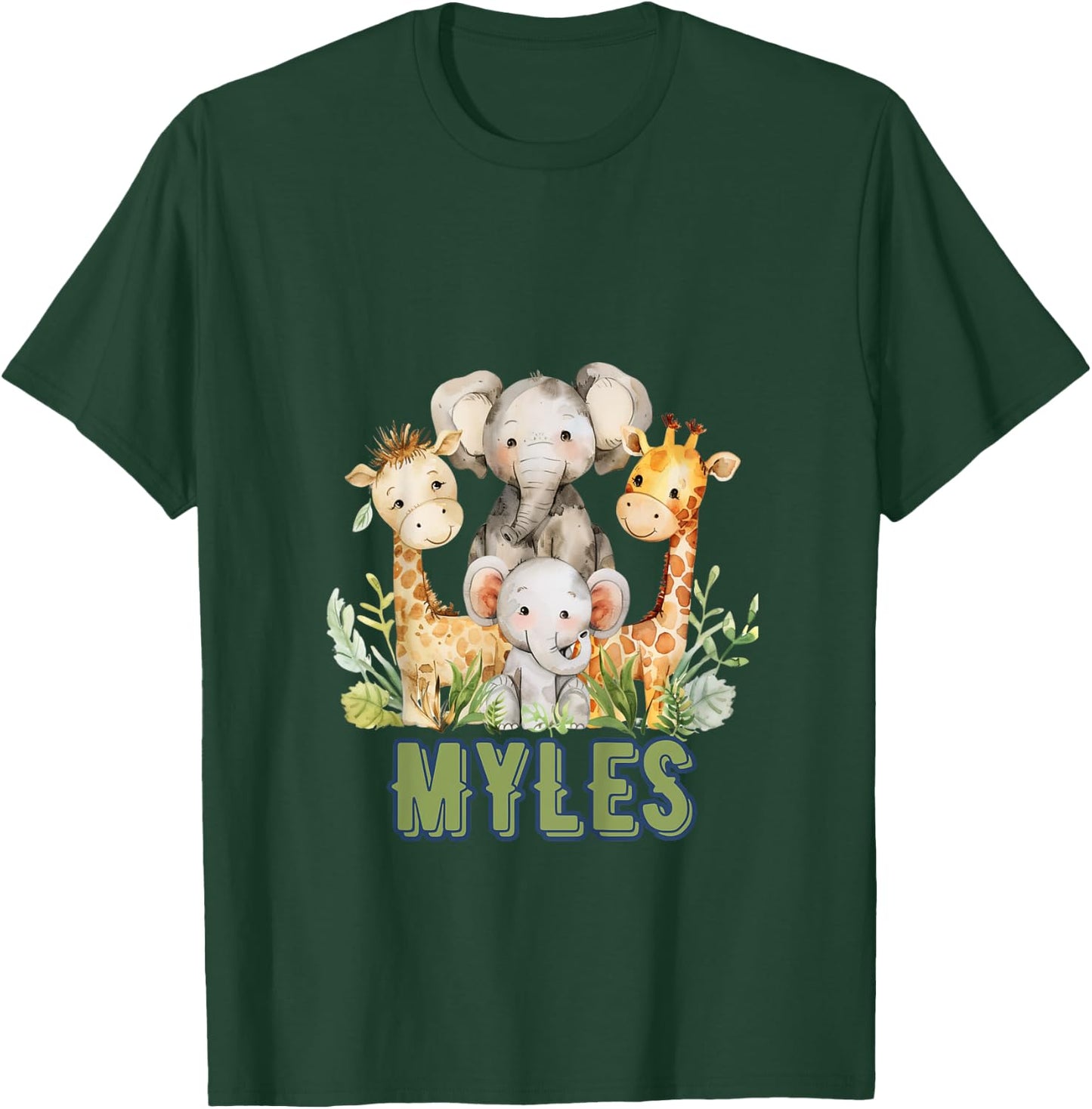 Kids MYLES First Name Safari Nursery Theme Elephant Giraffe Cute T-Shirt - T-Shirt | Forest