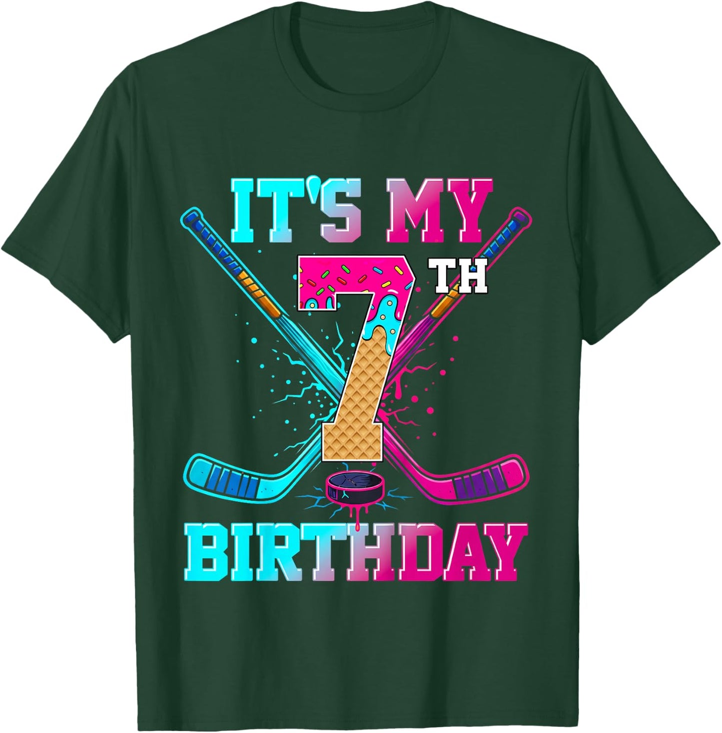 Hockey Ice Cream Drip It's My 7th Birthday Player Birthday T-Shirt - T-Shirt | Forest