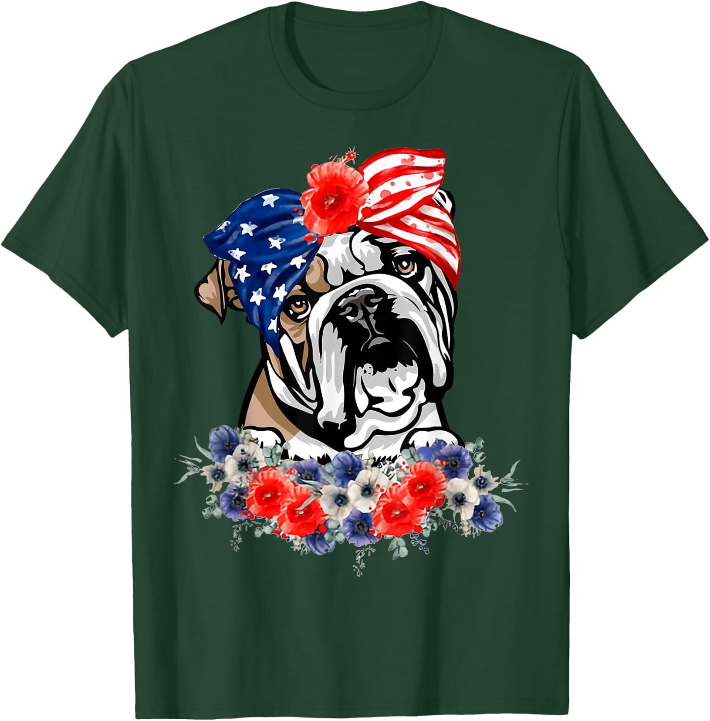 English Bulldog Dog American Flag Patriotic 4th Of July T-Shirt - T-Shirt | Forest
