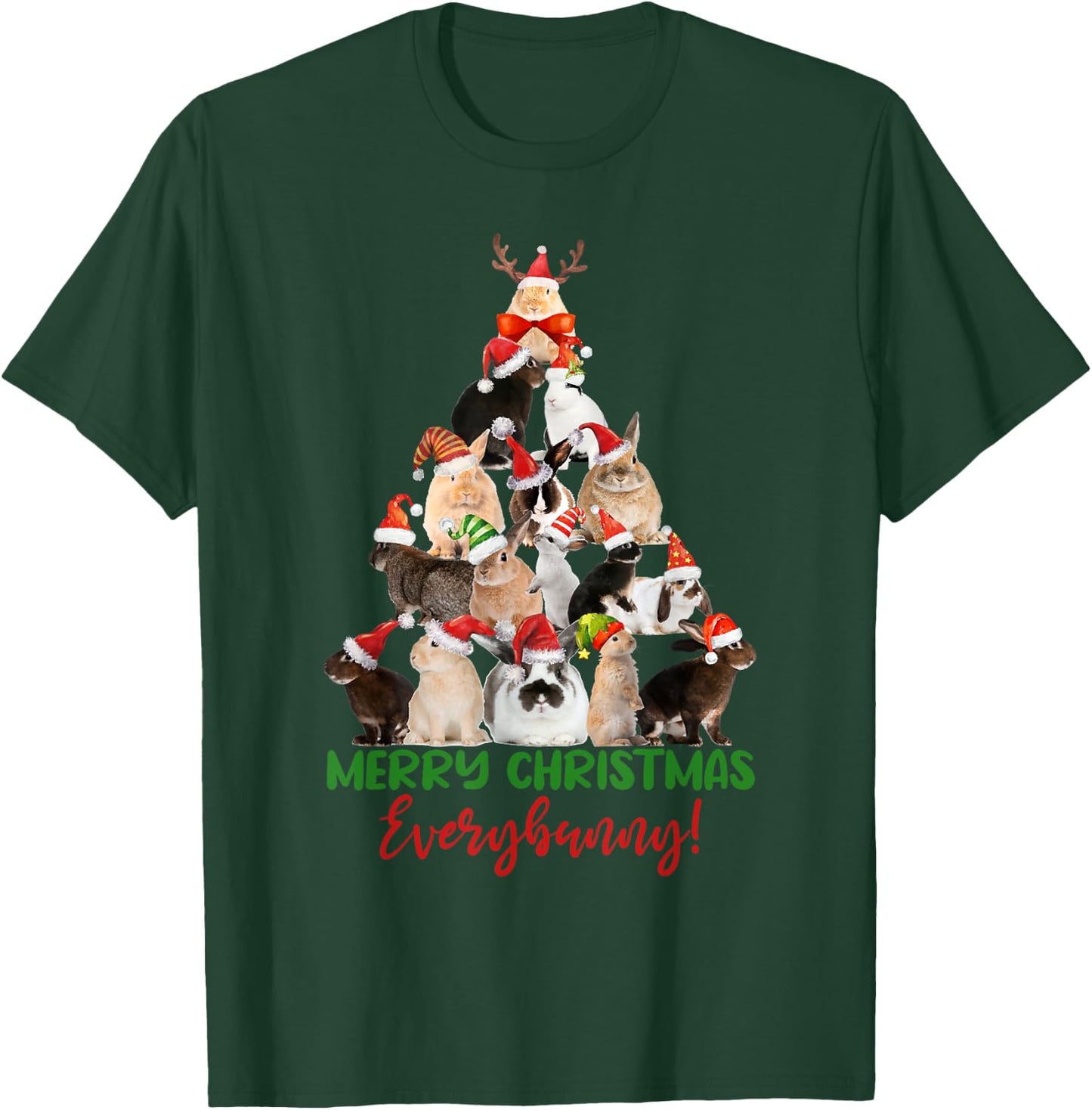 Christmas Tree with Santa Hat Bunnies Cute Holiday T-Shirt - T-Shirt | Forest