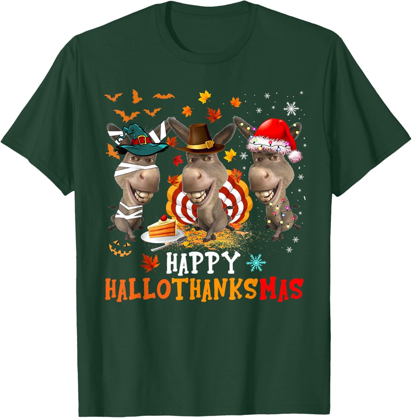 Happy HalloThanksMas Cute Santa Witch Turkey Donkey Farmer T-Shirt - T-Shirt | Forest