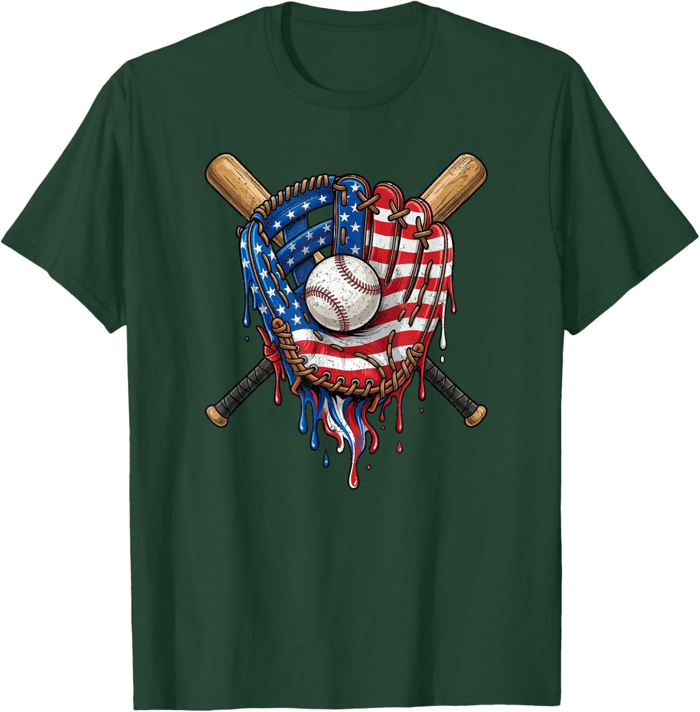 American Flag Baseball Glove Drip T-Shirt - T-Shirt | Forest