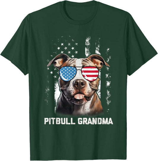 Pitbull Grandma American Flag Sunglasses 4th Of July Dog Kids Men T-Shirt - T-Shirt | Forest