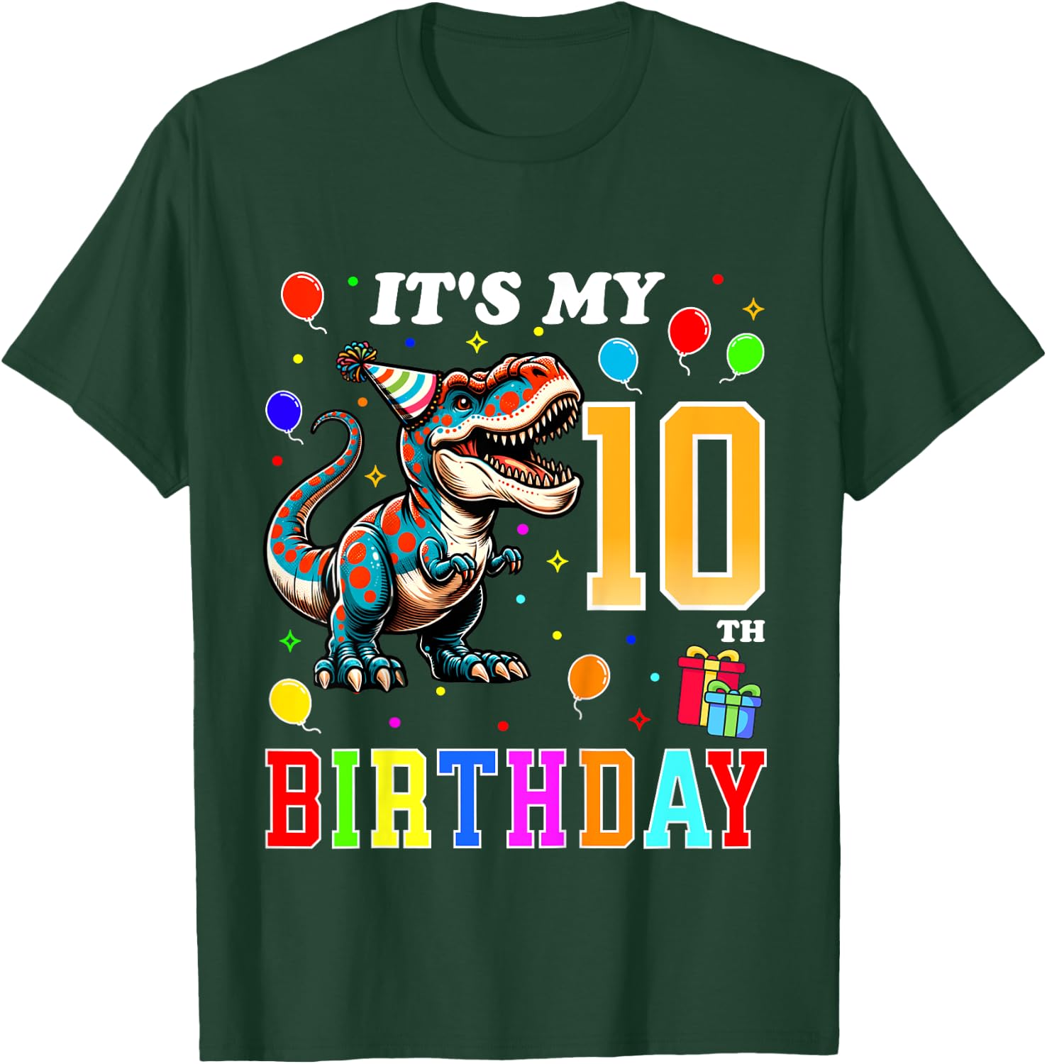 Kids Dinosaur Birthday 10 Year Old 10th Birthday Kids Boys Girls T-Shirt - T-Shirt | Forest