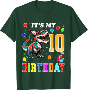 Kids Dinosaur Birthday 10 Year Old 10th Birthday Kids Boys Girls T-Shirt - T-Shirt | Forest