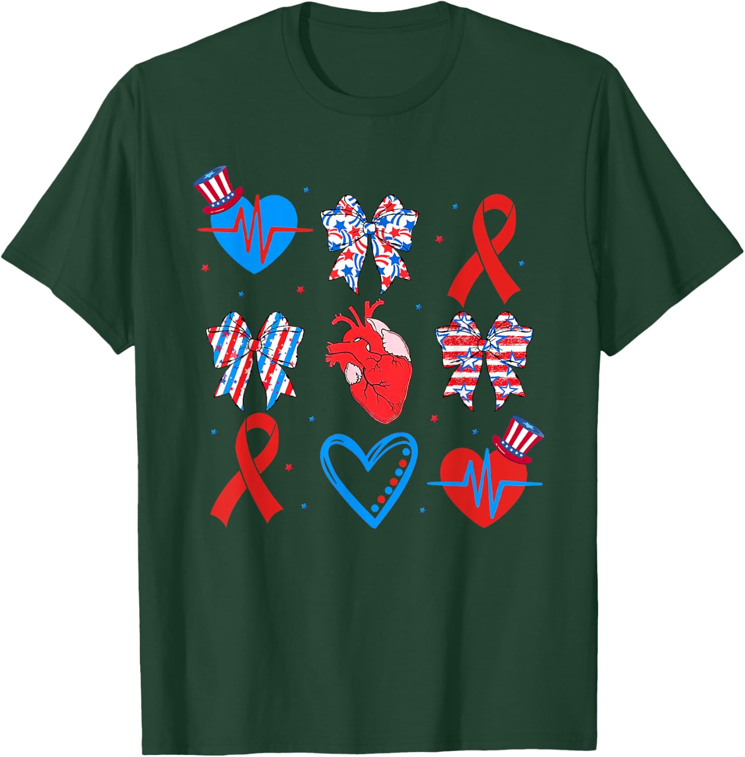 Coquette Red White & Blue Bows Cardiac Nurse July 4th T-Shirt - T-Shirt | Forest