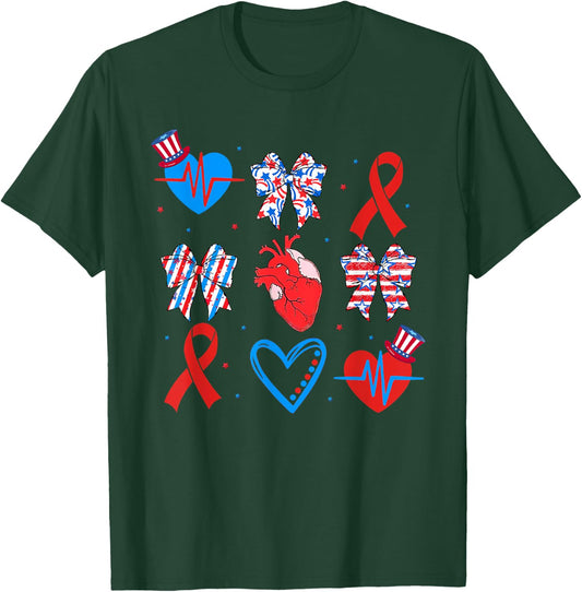 Coquette Red White & Blue Bows Cardiac Nurse July 4th T-Shirt - T-Shirt | Forest