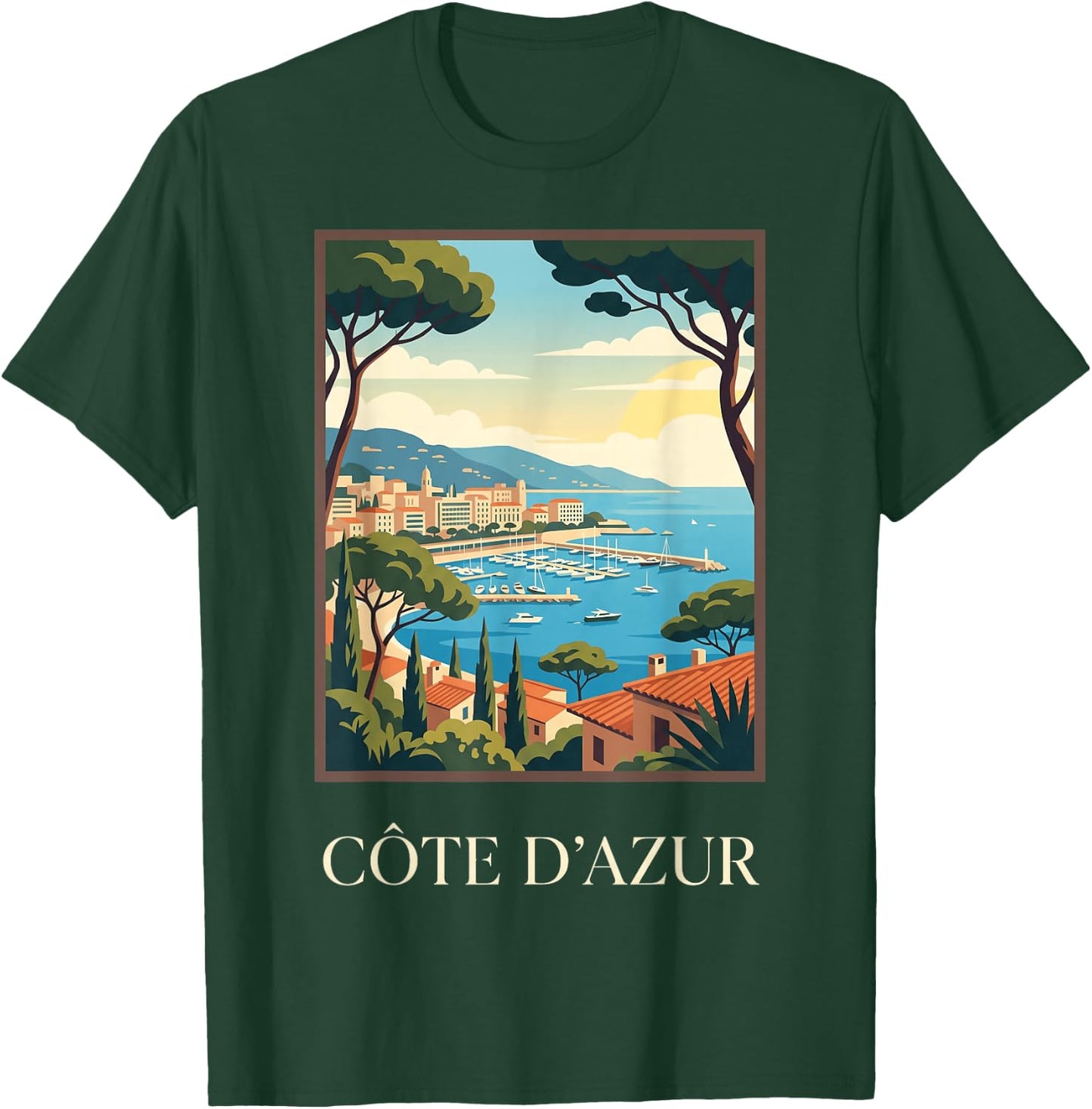 Cote d’Azur French Riviera Coastal Retro Travel Graphic T-Shirt - T-Shirt | Forest