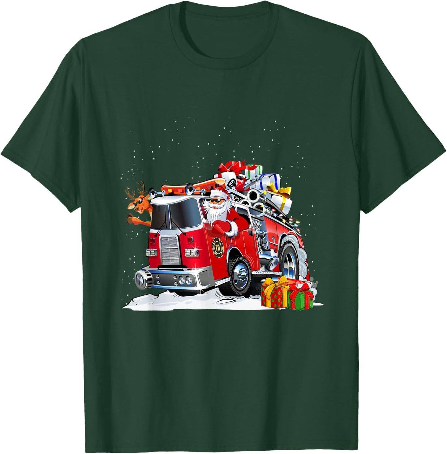 Firefighter Santa Fireman Driving Fire Truck Merry Christmas T-Shirt - T-Shirt | Forest