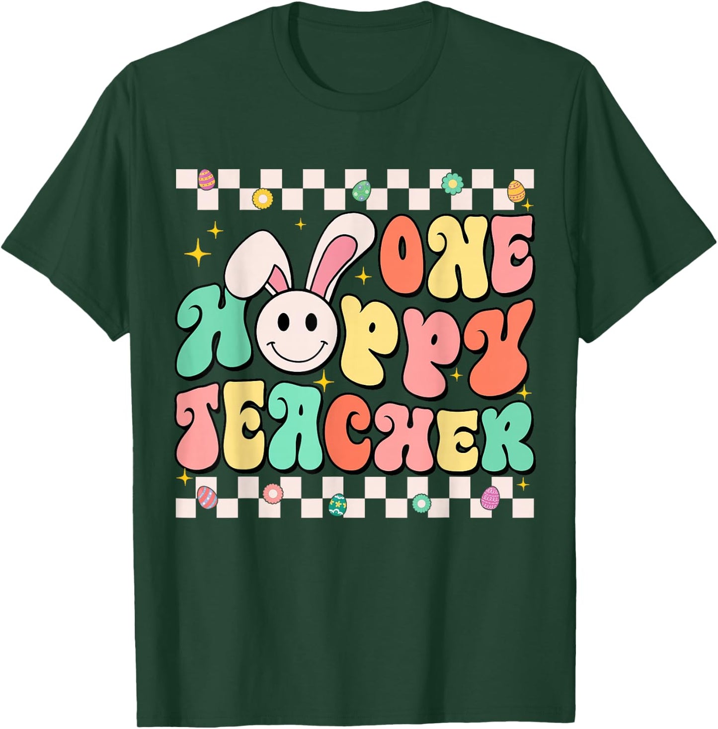 Groovy Retro Teacher Easter Shirt One Hoppy Teacher Boy Girl T-Shirt - T-Shirt | Forest
