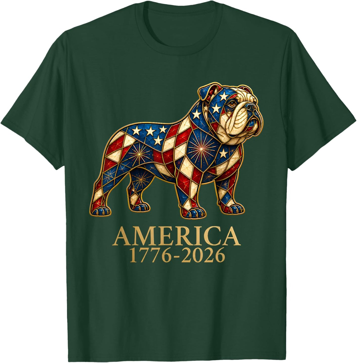 English Bulldog Mosaic America 1776-2026 4th of July Dog T-Shirt - T-Shirt | Forest
