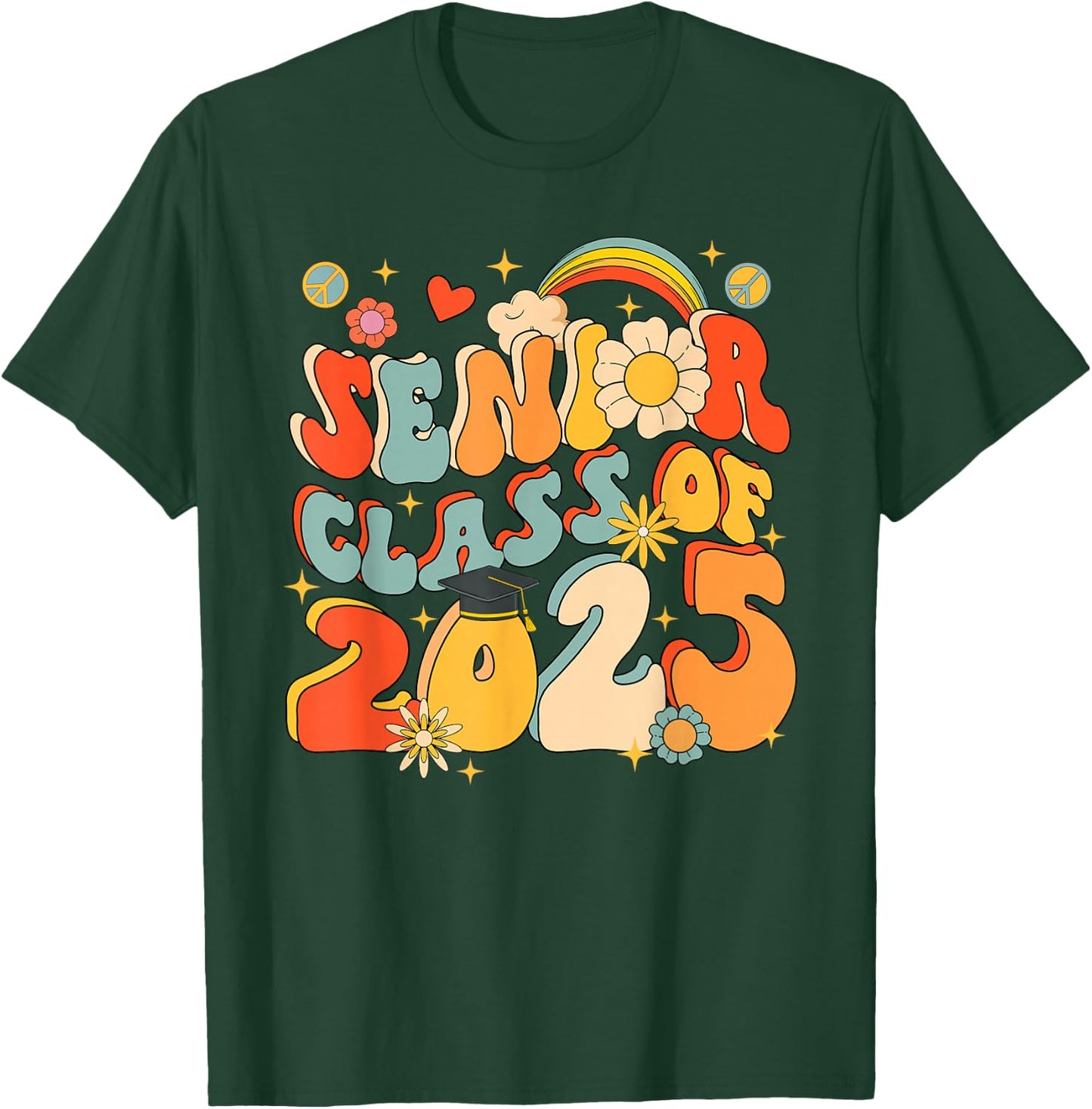 Senior 25 Class Of 2025 Graduation School Retro Groovy T-Shirt - T-Shirt | Forest