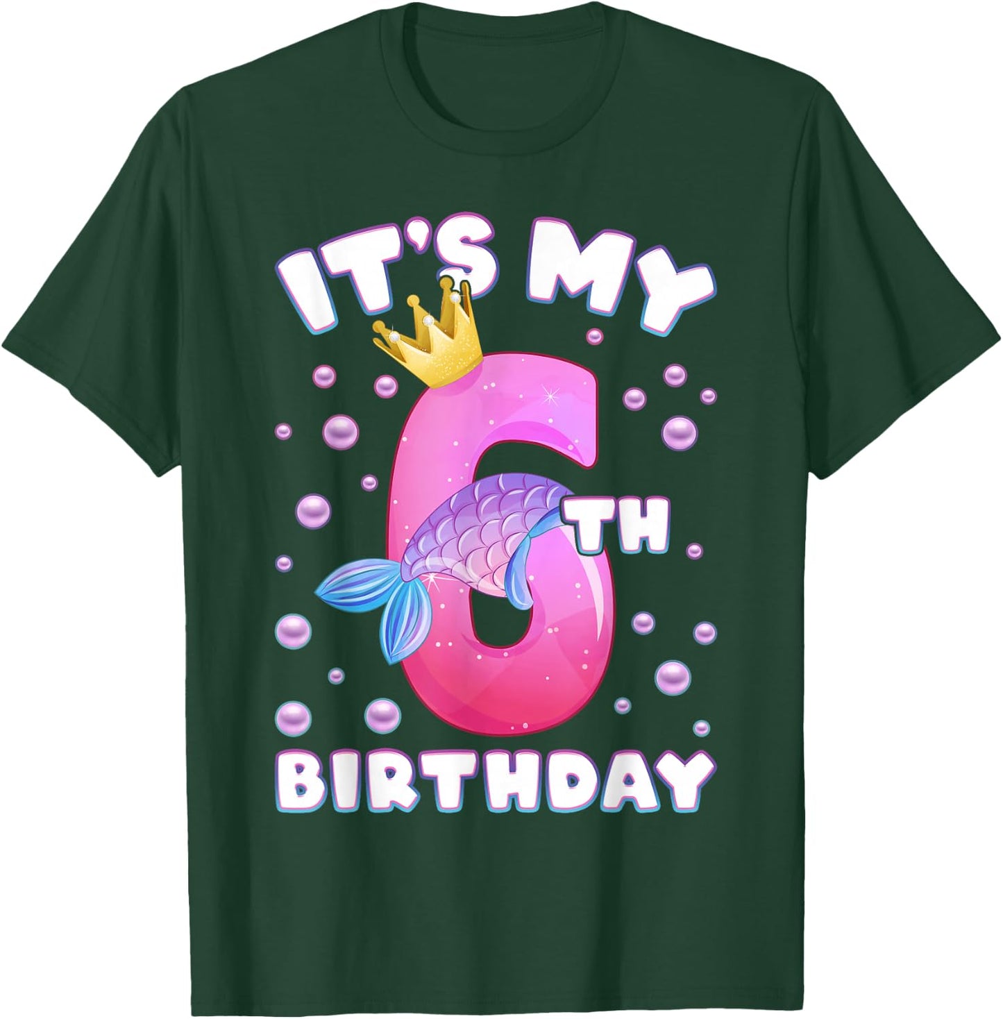 6th Birthday, Girl, Mermaid Fin, Number 6 T-Shirt - T-Shirt | Forest
