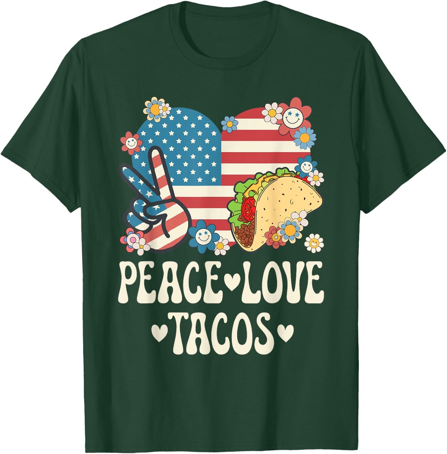 Peace Love Tacos American Flag Taco Tuesday Retro Taco Lover T-Shirt - T-Shirt | Forest