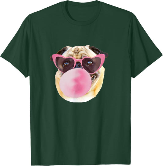 Dog Pug Pink Bubble Gum Heart Sunglasses T-Shirt - T-Shirt | Forest