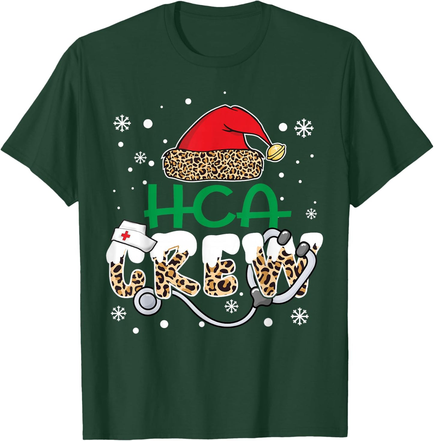 HCA Crew Leopard Santa Hat Stethoscope Funny Nurse Christmas T-Shirt - T-Shirt | Forest
