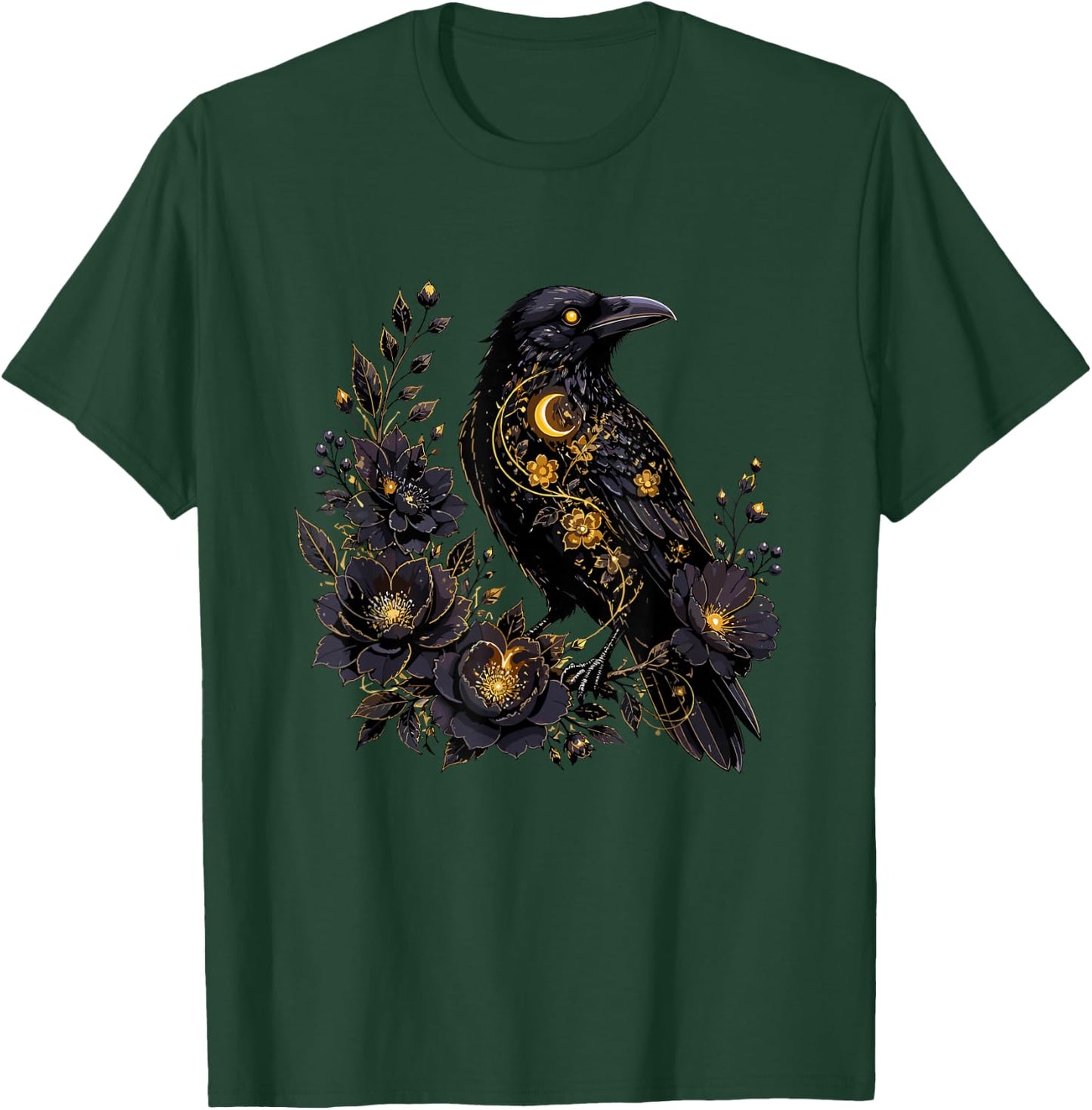 Celestial Raven with Moon and Dark Flowers T-Shirt - T-Shirt | Forest