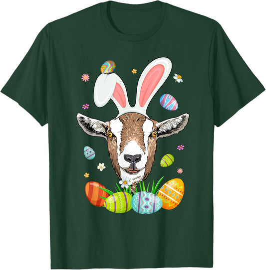 Cute Goat Face With Bunny Ears Colorful Eggs Easter Day Kids T-Shirt - T-Shirt | Forest