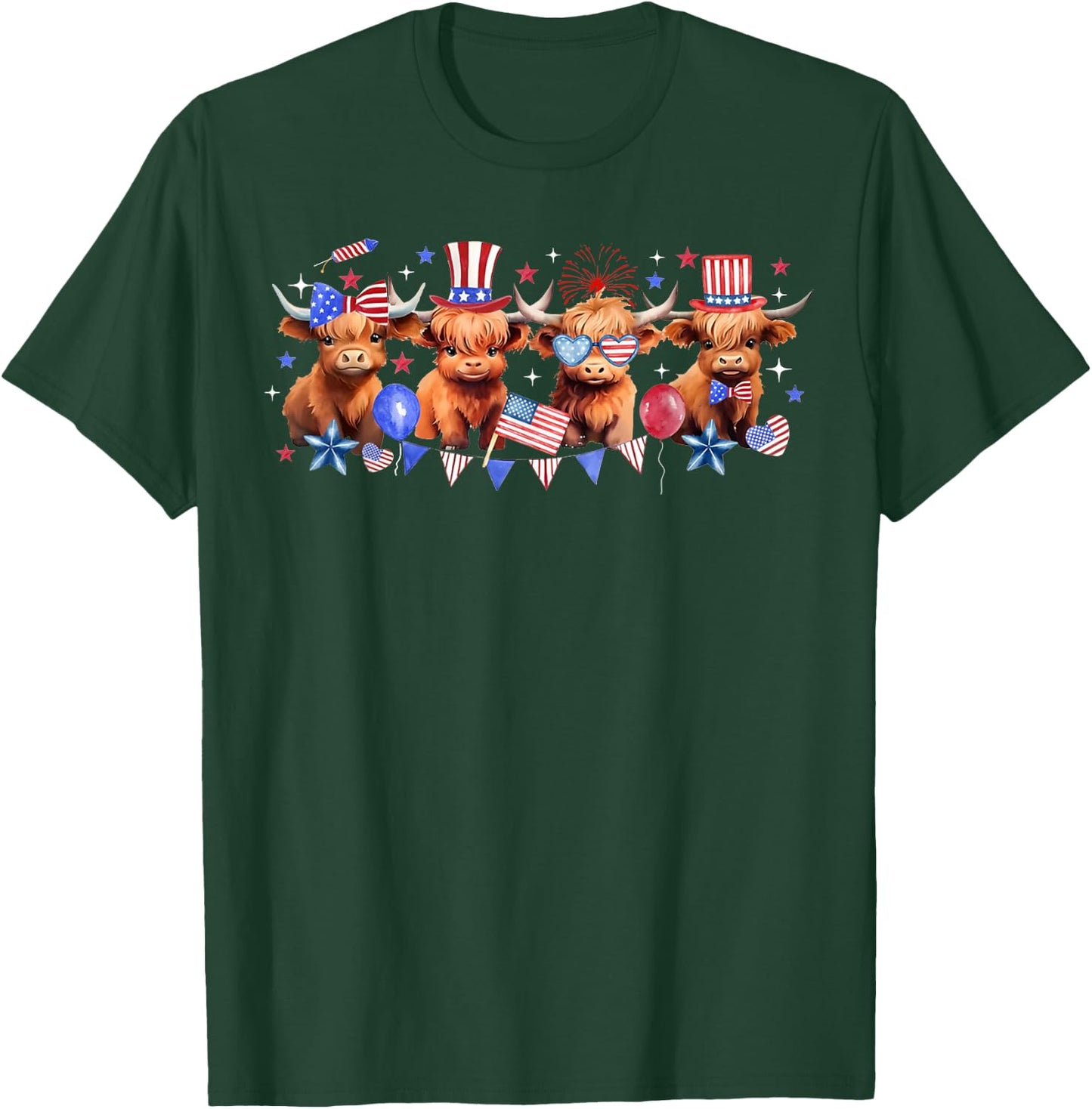 American Flag Highland Cow 4th of July Funny Cows Lover Cool T-Shirt - T-Shirt | Forest