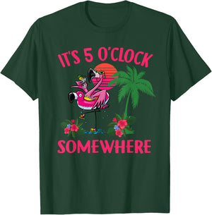 It's 5 O'Clock Somewhere Flamingo Beach Vacation Drinking T-Shirt - T-Shirt | Forest