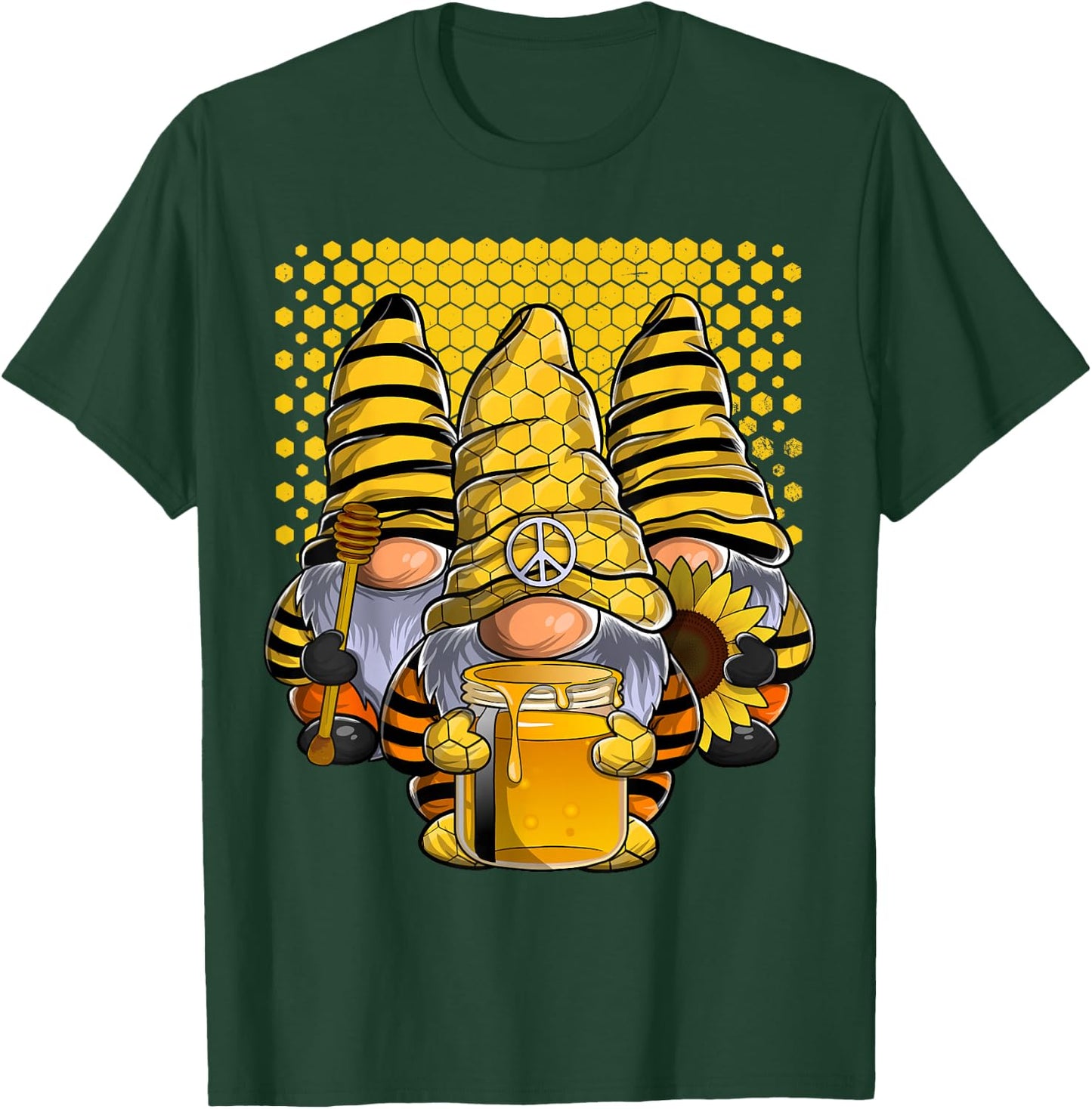 Three Honey Gnomes Sunflower Bee Peace Gnome T-Shirt - T-Shirt | Forest