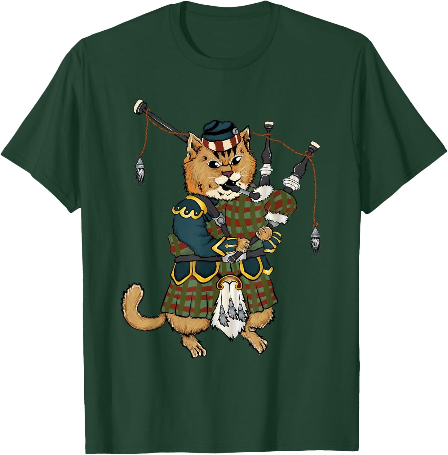 Cat With Bagpipe I Scottish Uniform Music Kilt T-Shirt - T-Shirt | Forest