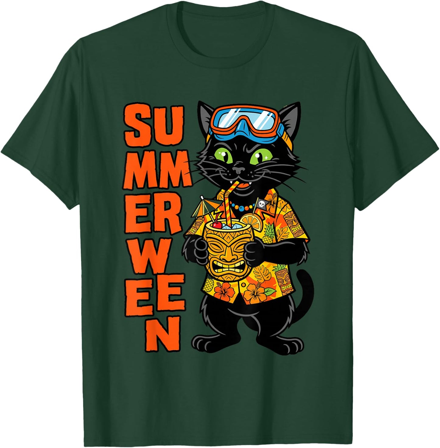 Summerween Cat Tiki Vacation T-Shirt - T-Shirt | Forest