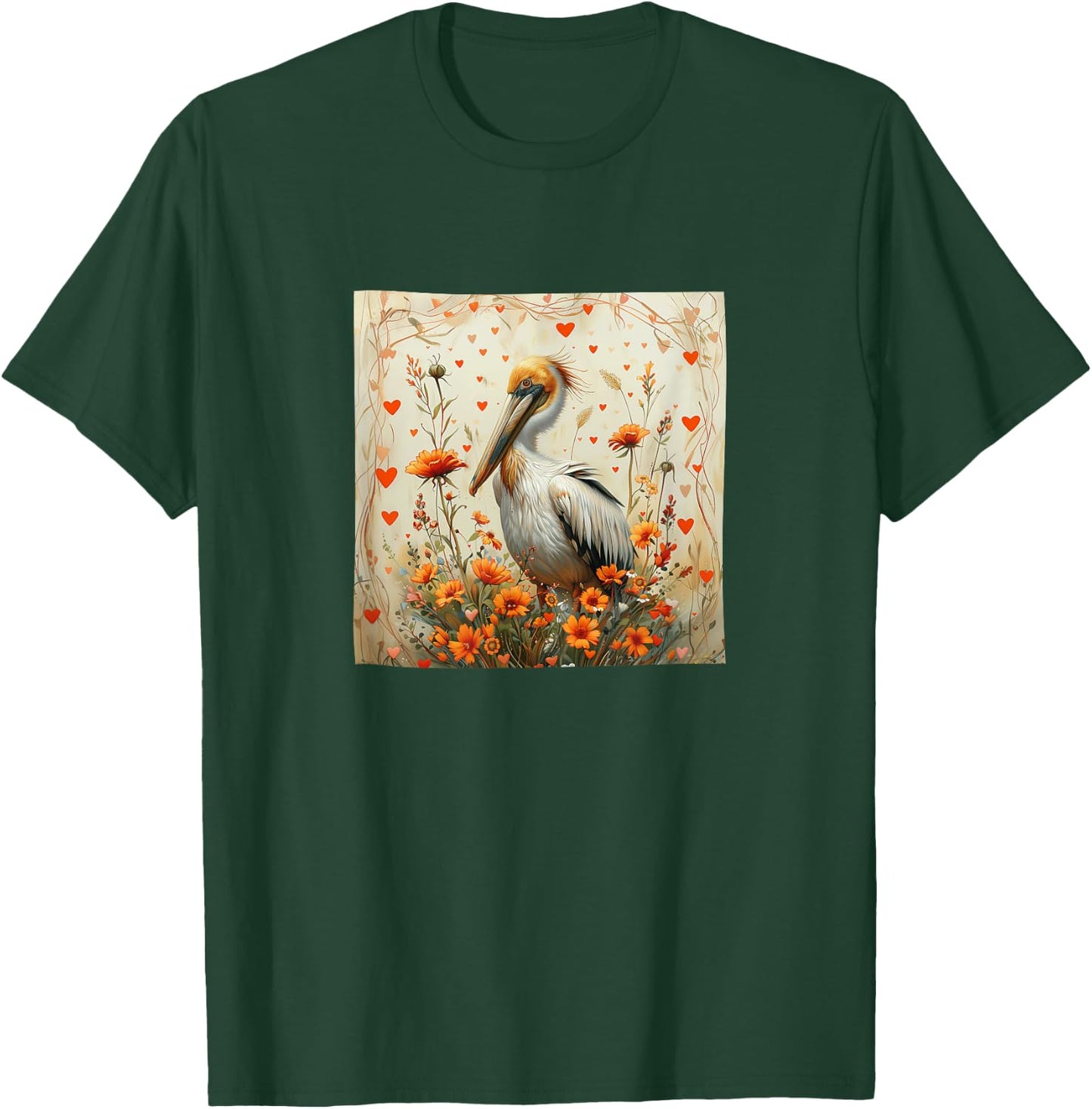 Pelican Flowers With Hearts Around Boho Style Graphic T-Shirt - T-Shirt | Forest